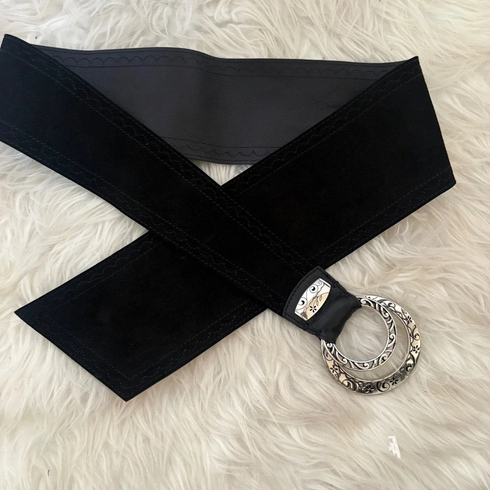 Brighton Black Leather Suede Wide Waist Belt Silver Etched Buckle B30993 Size M